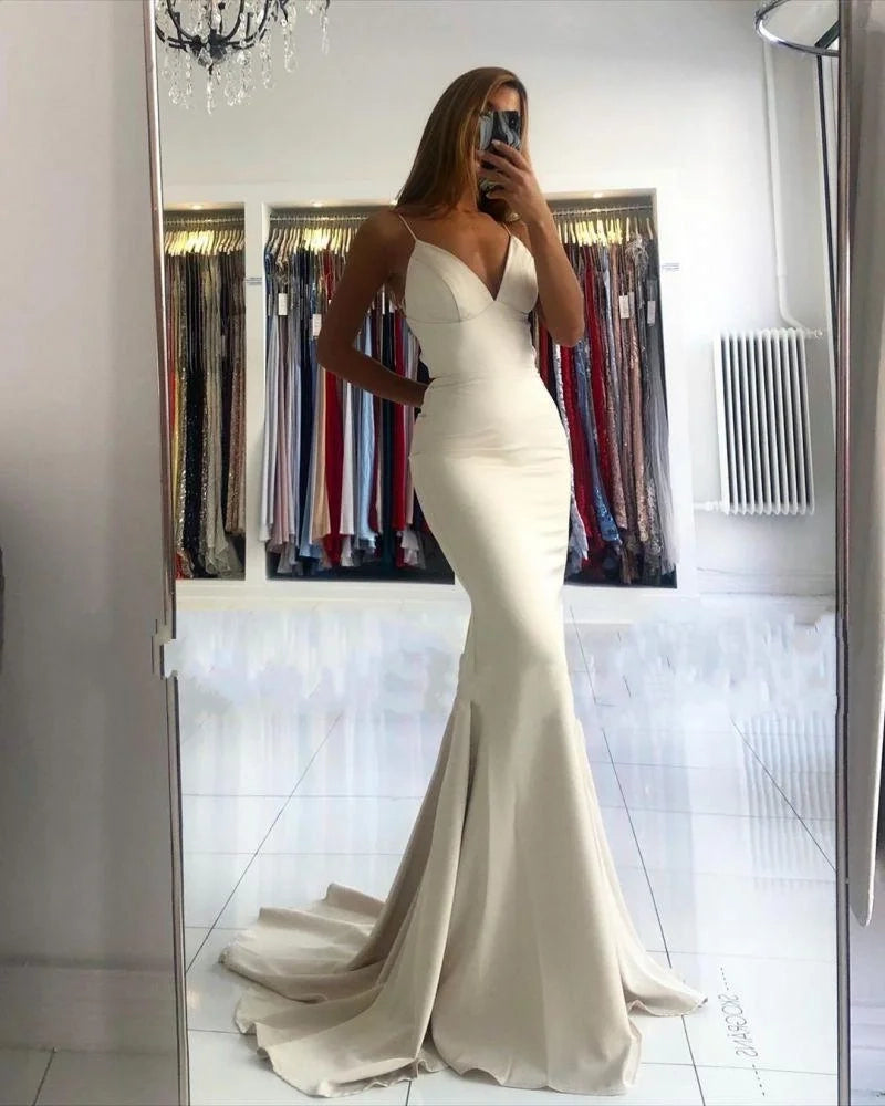 Elegant Mermaid Spaghetti Strap Satin Ivory Maxi Prom Dress