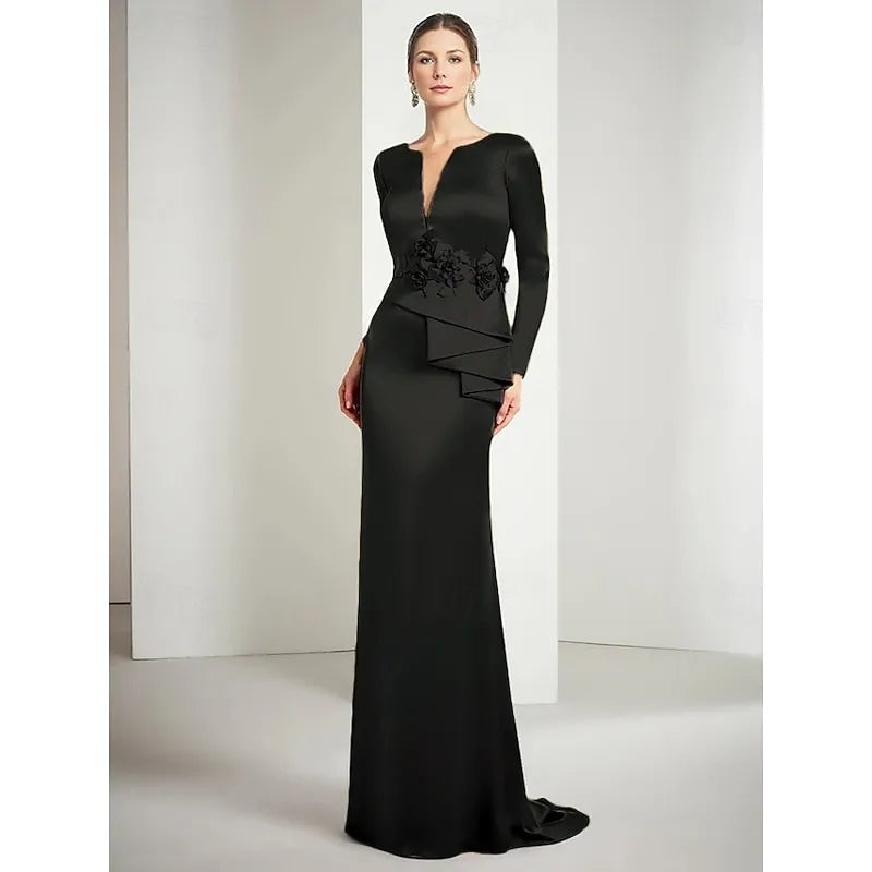 Elegant Mermaid Split Neck Long Sleeve Satin Gold Floor Length Evening Dress For Sale