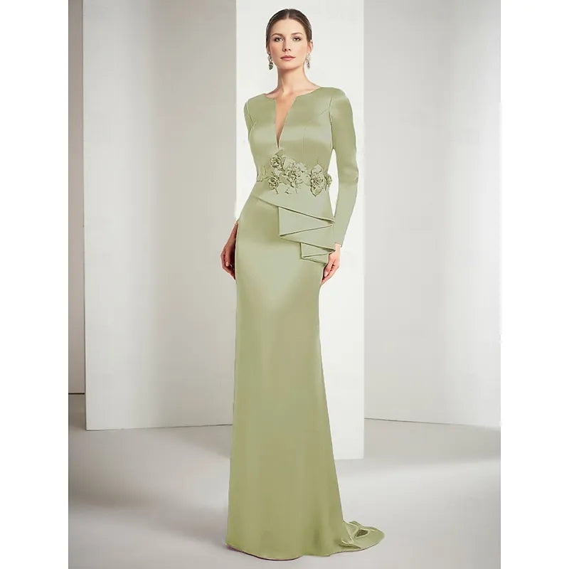 Elegant Mermaid Split Neck Long Sleeve Satin Gold Floor Length Evening Dress For Sale