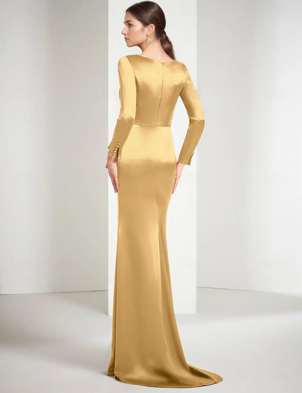 Elegant Mermaid Split Neck Long Sleeve Satin Gold Floor Length Evening Dress For Sale