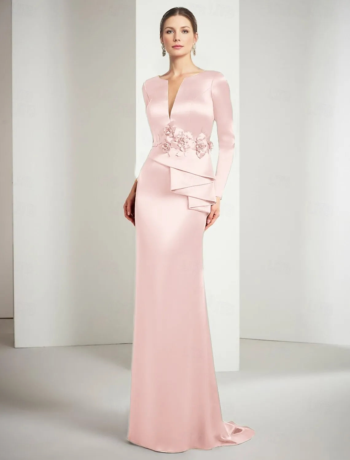 Elegant Mermaid Split Neck Long Sleeve Satin Gold Floor Length Evening Dress For Sale