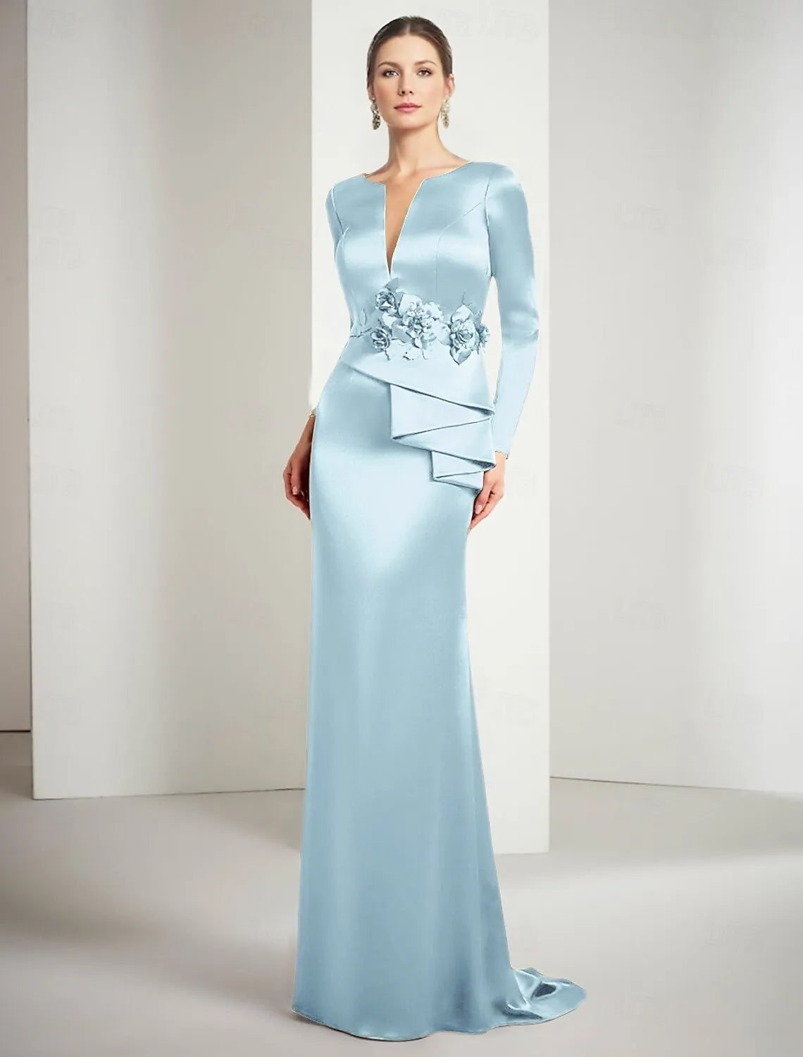 Elegant Mermaid Split Neck Long Sleeve Satin Gold Floor Length Evening Dress For Sale