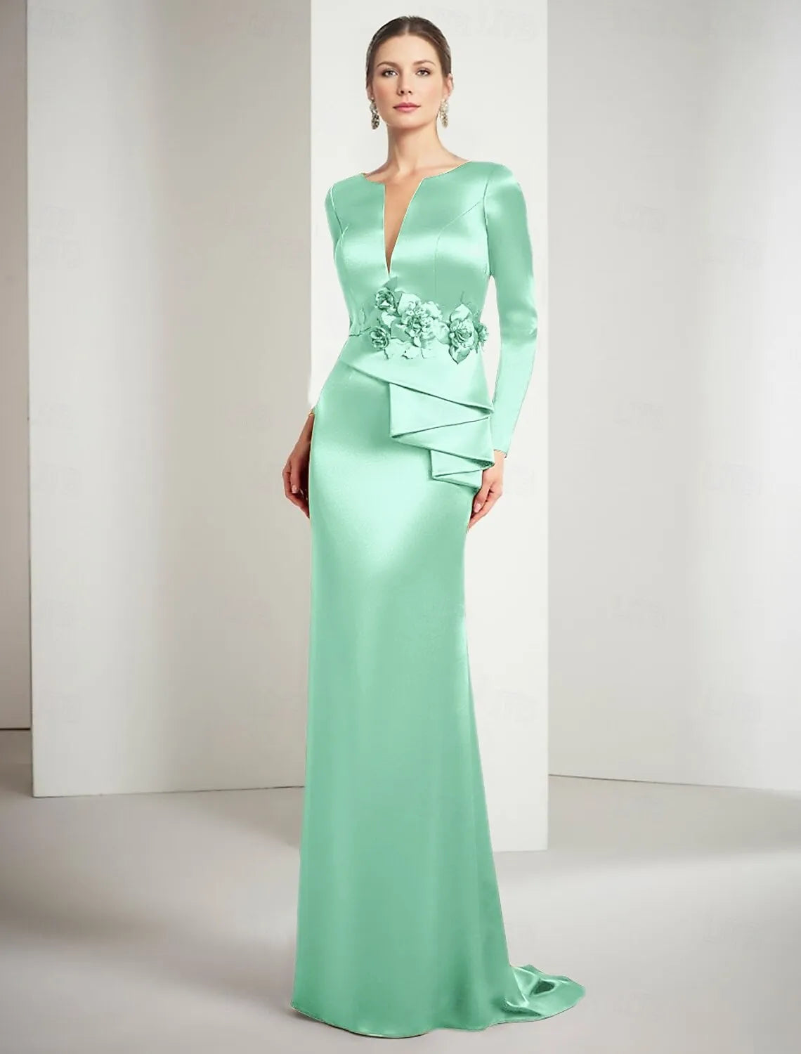 Elegant Mermaid Split Neck Long Sleeve Satin Gold Floor Length Evening Dress For Sale