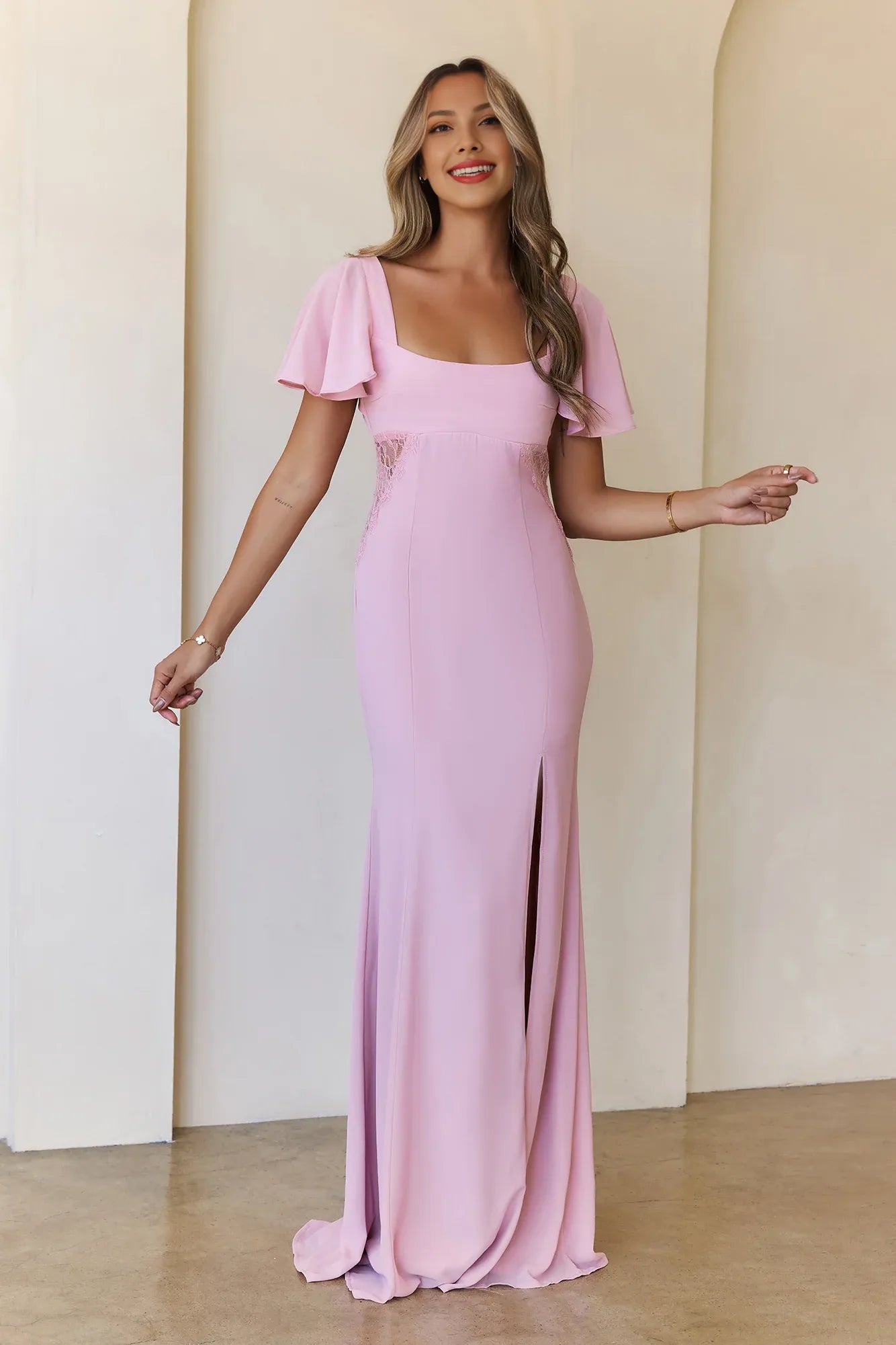 Elegant Mermaid Square Neck Cap Sleeves Lace Applique Pink Maxi Prom Dress