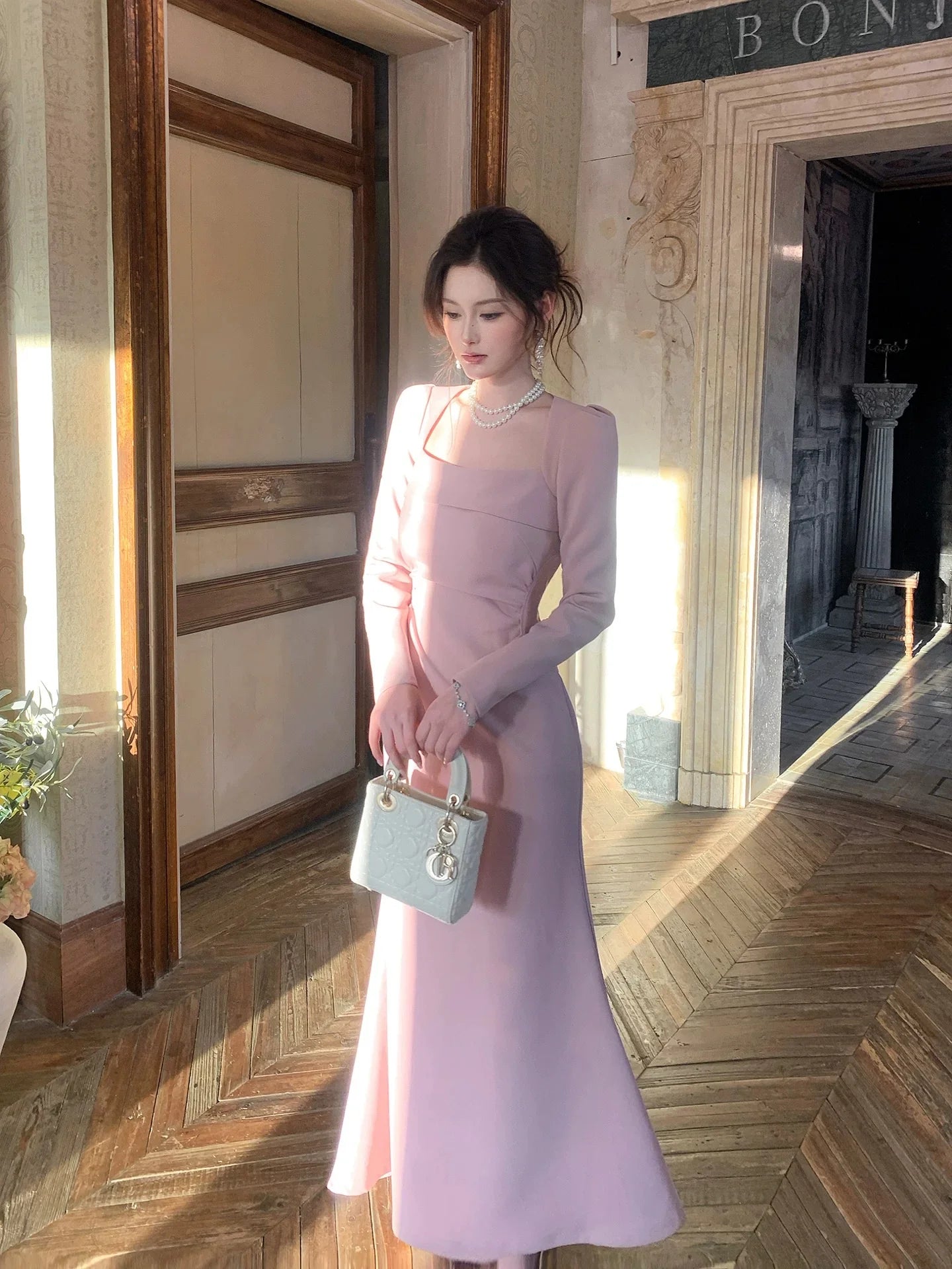 Elegant Mermaid Square Neck Long Sleeve Blush Maxi Prom Dress
