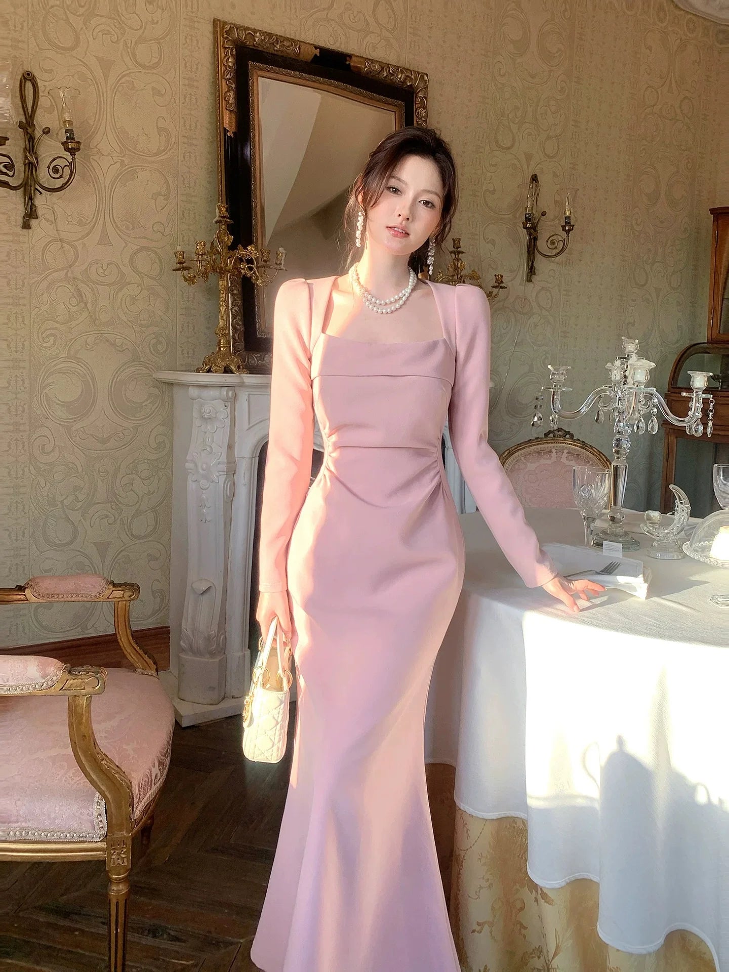 Elegant Mermaid Square Neck Long Sleeve Blush Maxi Prom Dress