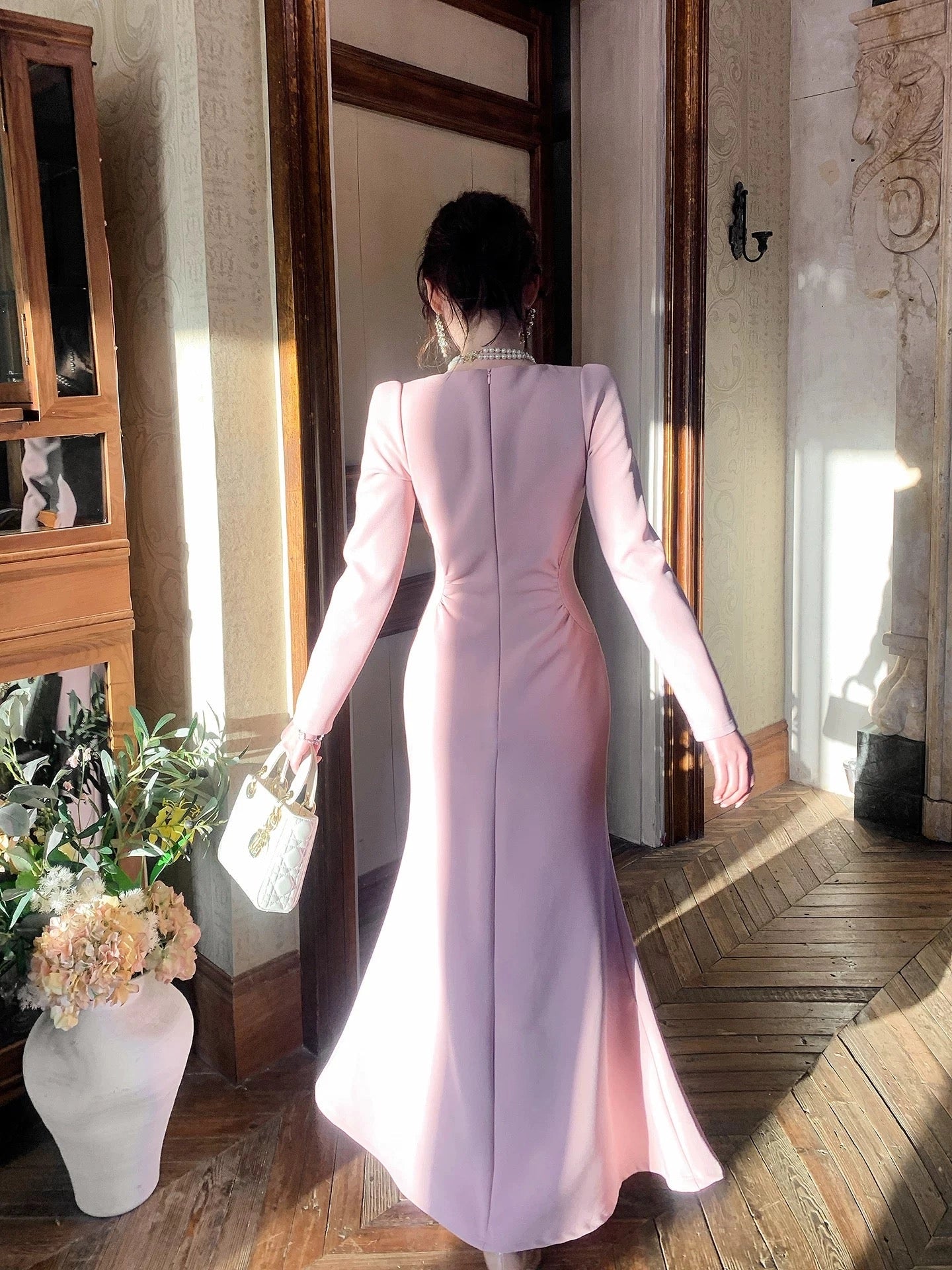 Elegant Mermaid Square Neck Long Sleeve Blush Maxi Prom Dress