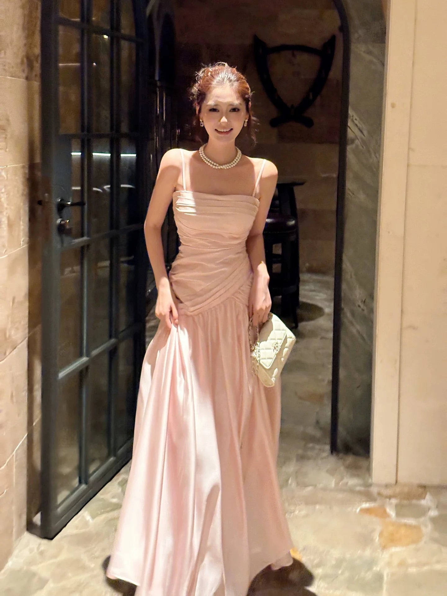 Elegant Mermaid Square Neck Sleeveless Ruched Blush Maxi Prom Dress