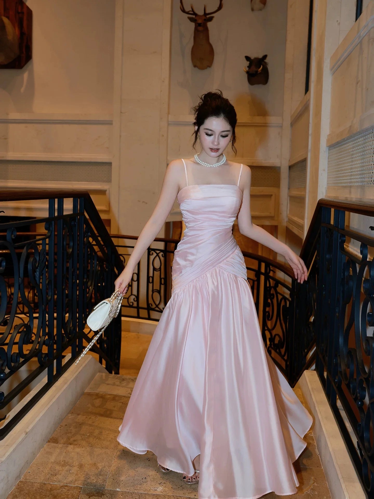 Elegant Mermaid Square Neck Sleeveless Ruched Blush Maxi Prom Dress