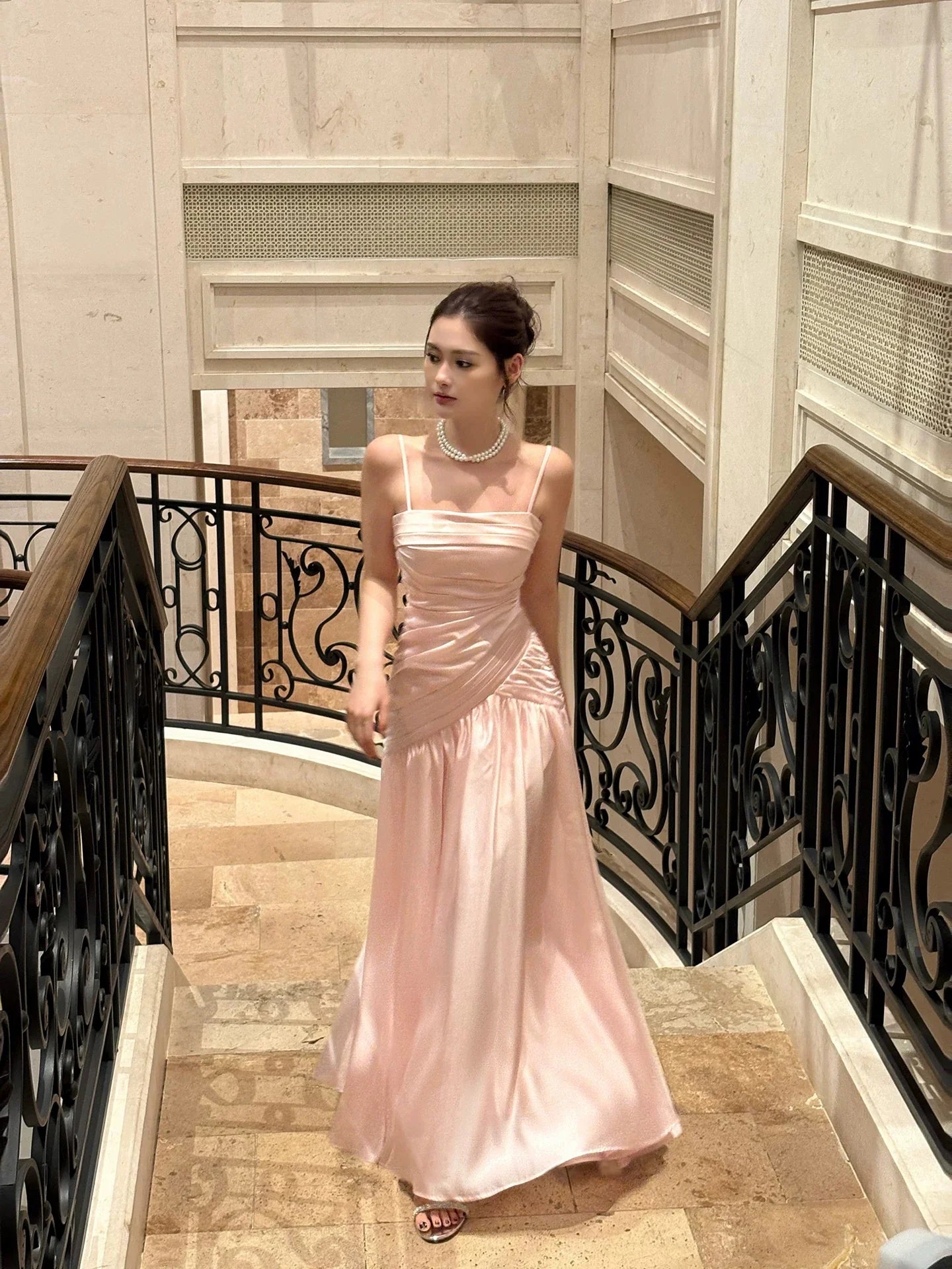 Elegant Mermaid Square Neck Sleeveless Ruched Blush Maxi Prom Dress