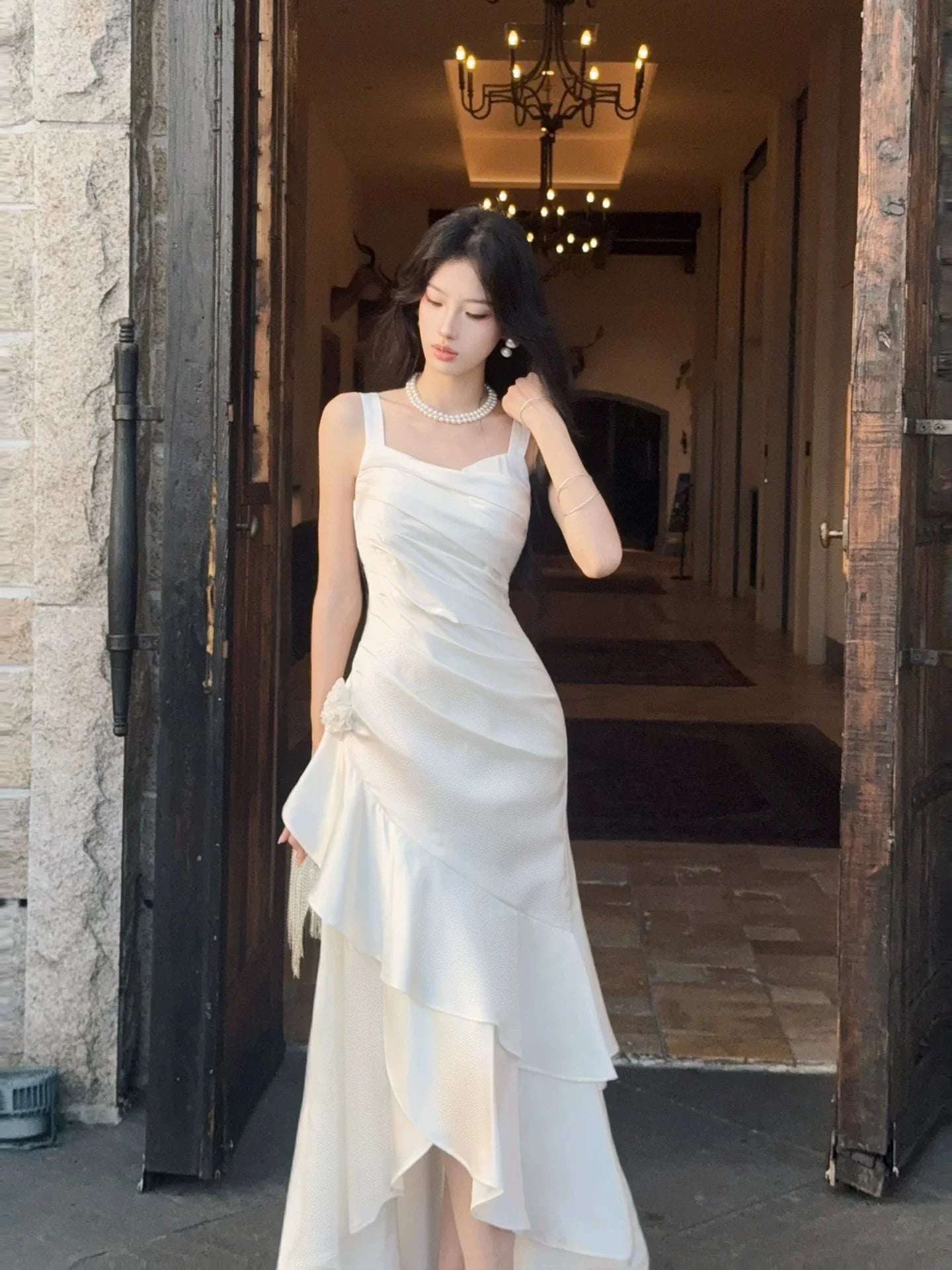 Elegant Mermaid Square Neck Sleeveless Ruffled White Maxi Prom Dress