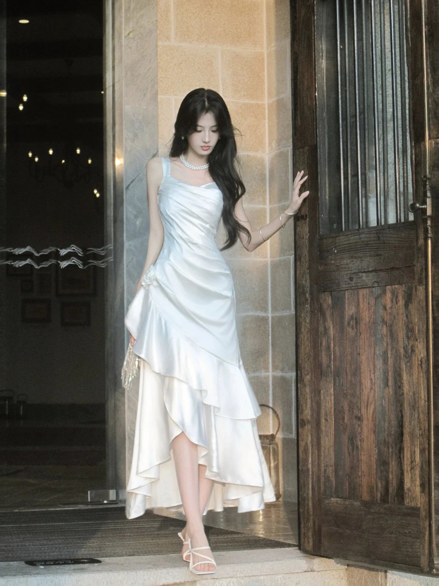 Elegant Mermaid Square Neck Sleeveless Ruffled White Maxi Prom Dress