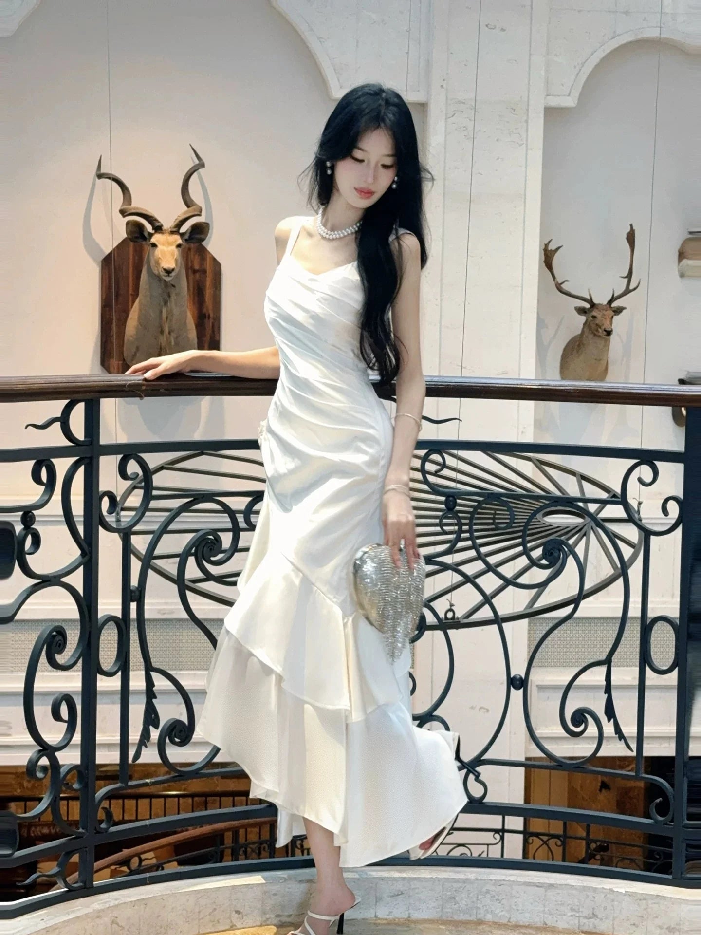 Elegant Mermaid Square Neck Sleeveless Ruffled White Maxi Prom Dress