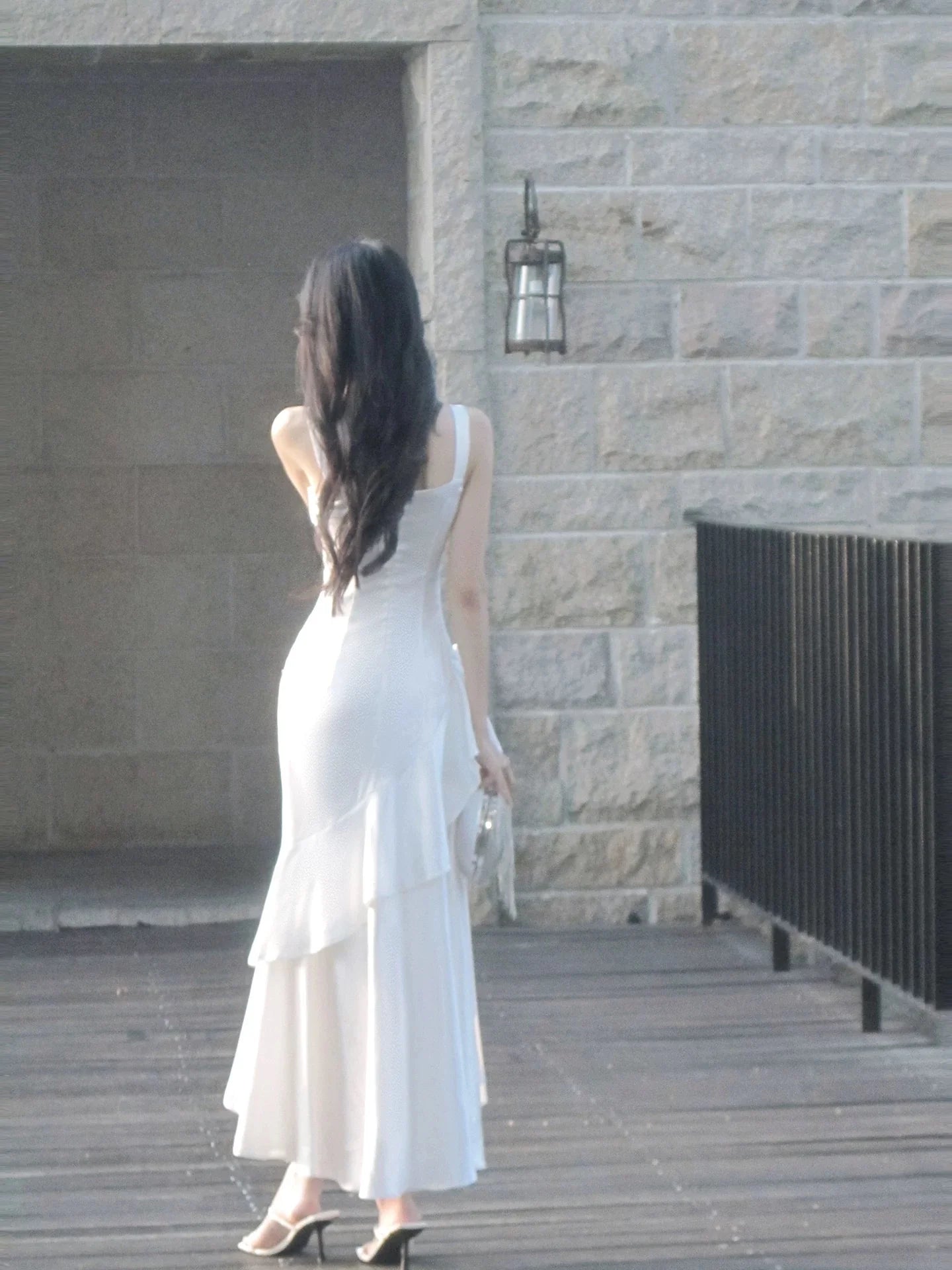 Elegant Mermaid Square Neck Sleeveless Ruffled White Maxi Prom Dress