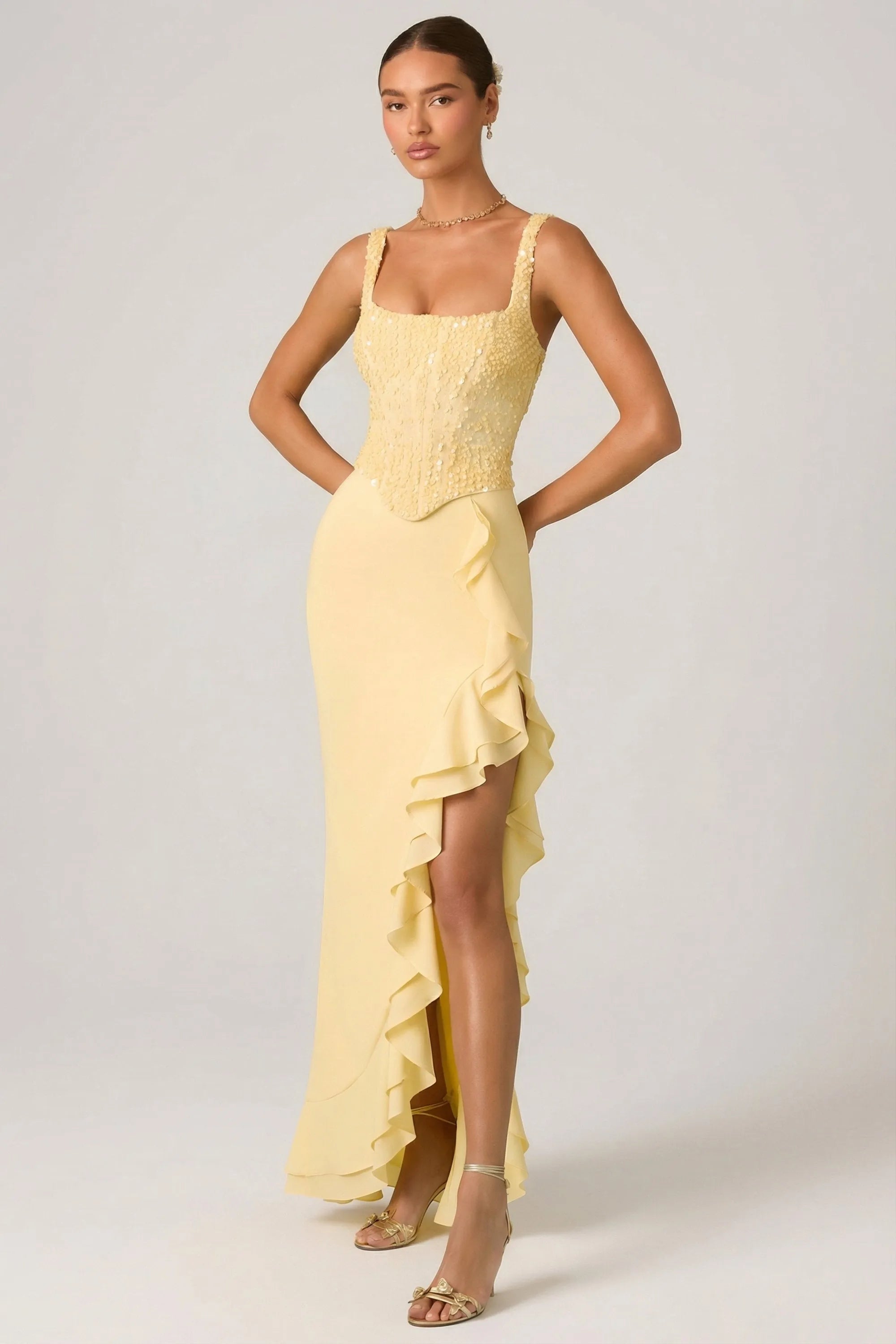 Elegant Mermaid Square Neck Sleeveless Sequin Bodice Ruffled High Slit Floor Length Prom Dresses