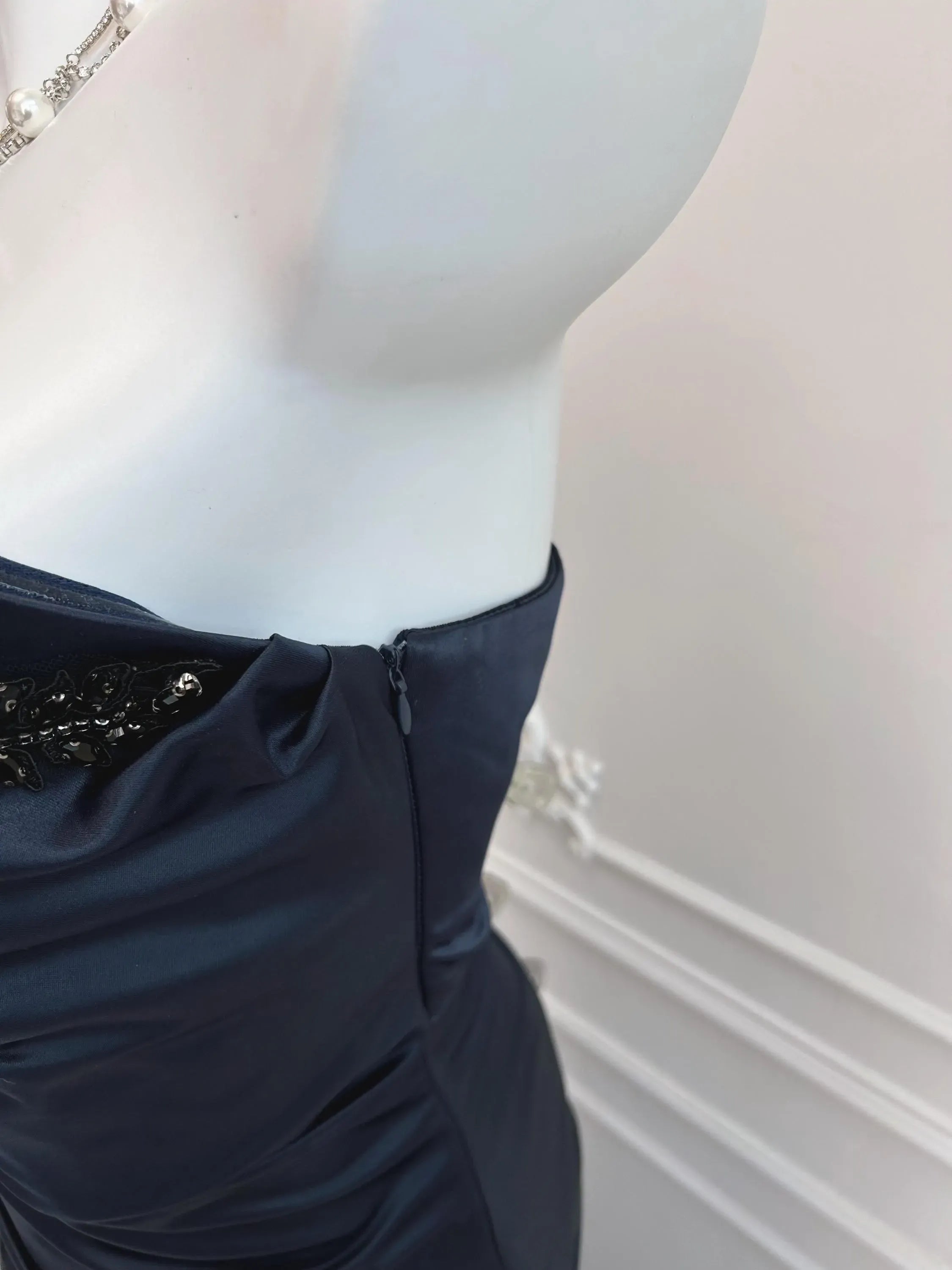 Elegant Mermaid Strapless Beaded Ruched Satin Navy Blue Floor-Length Evening Dress