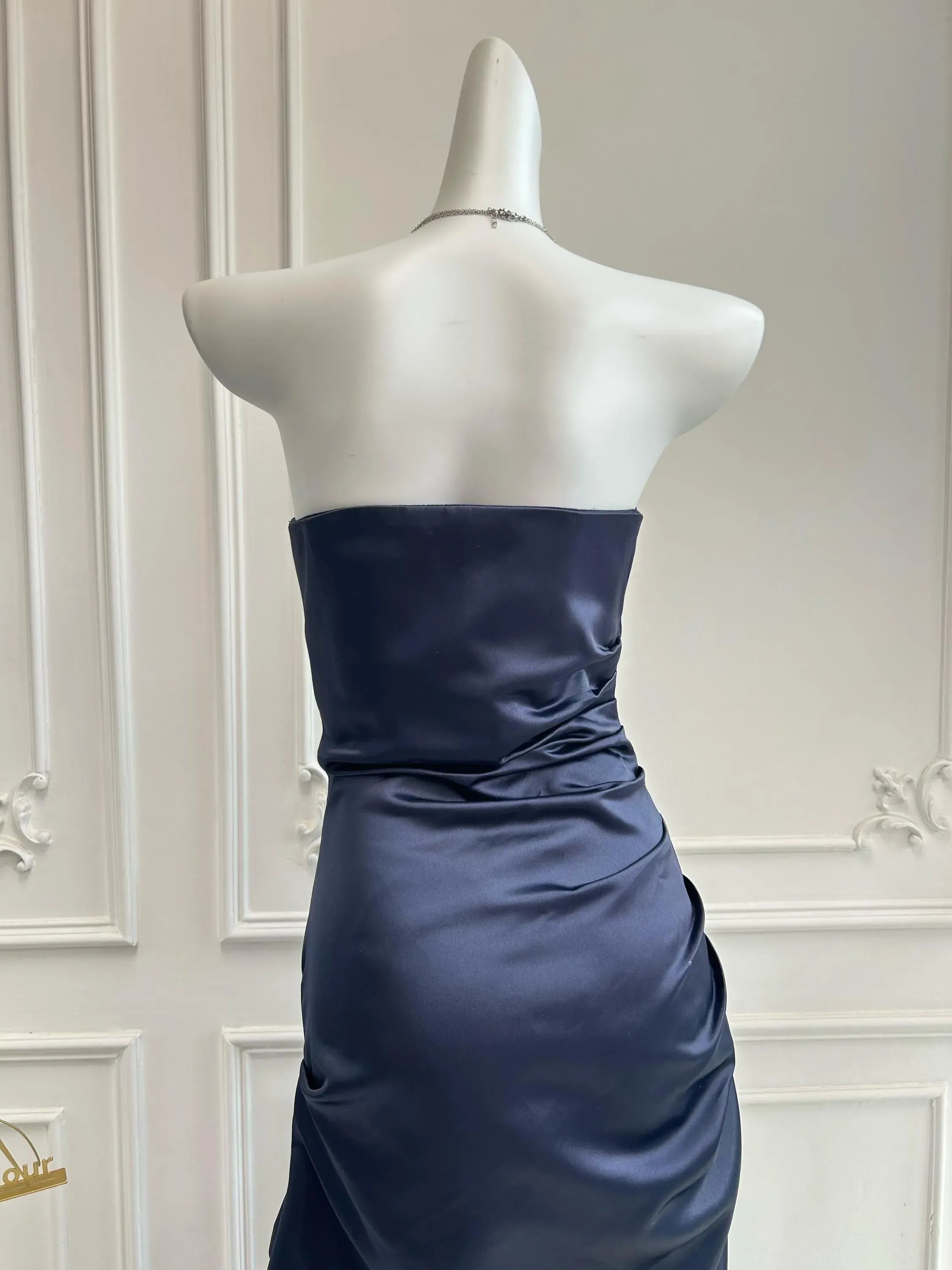 Elegant Mermaid Strapless Beaded Ruched Satin Navy Blue Floor-Length Evening Dress