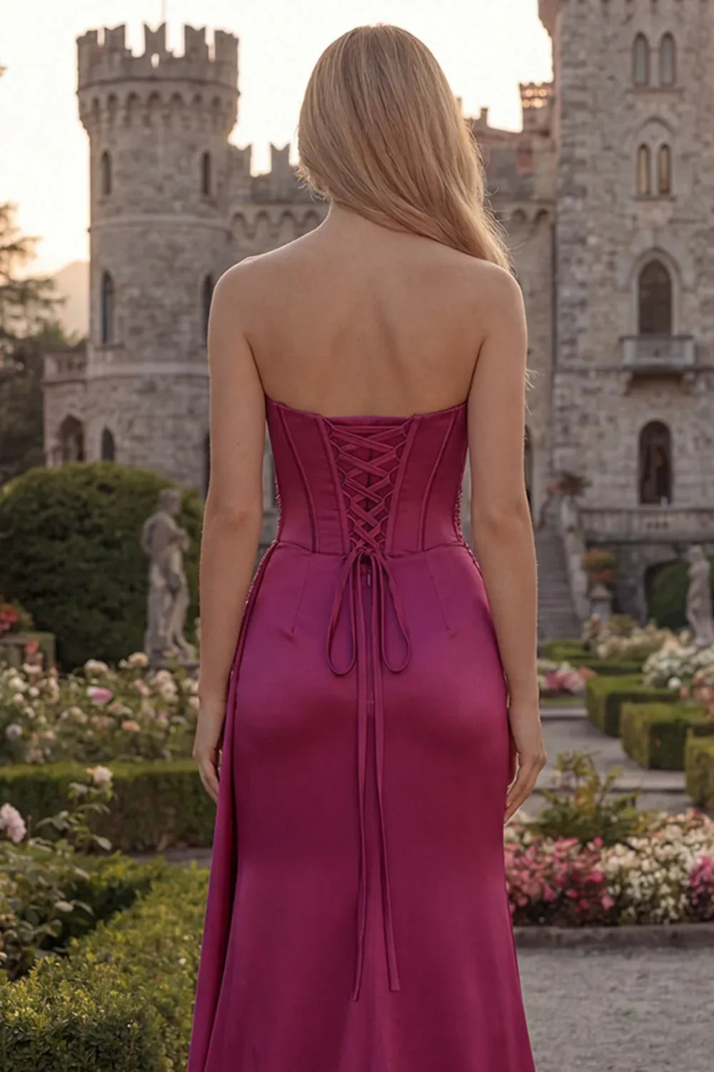 Elegant Mermaid Strapless Corset Applique Lace-Up Slit Fuchsia Maxi Prom Dress
