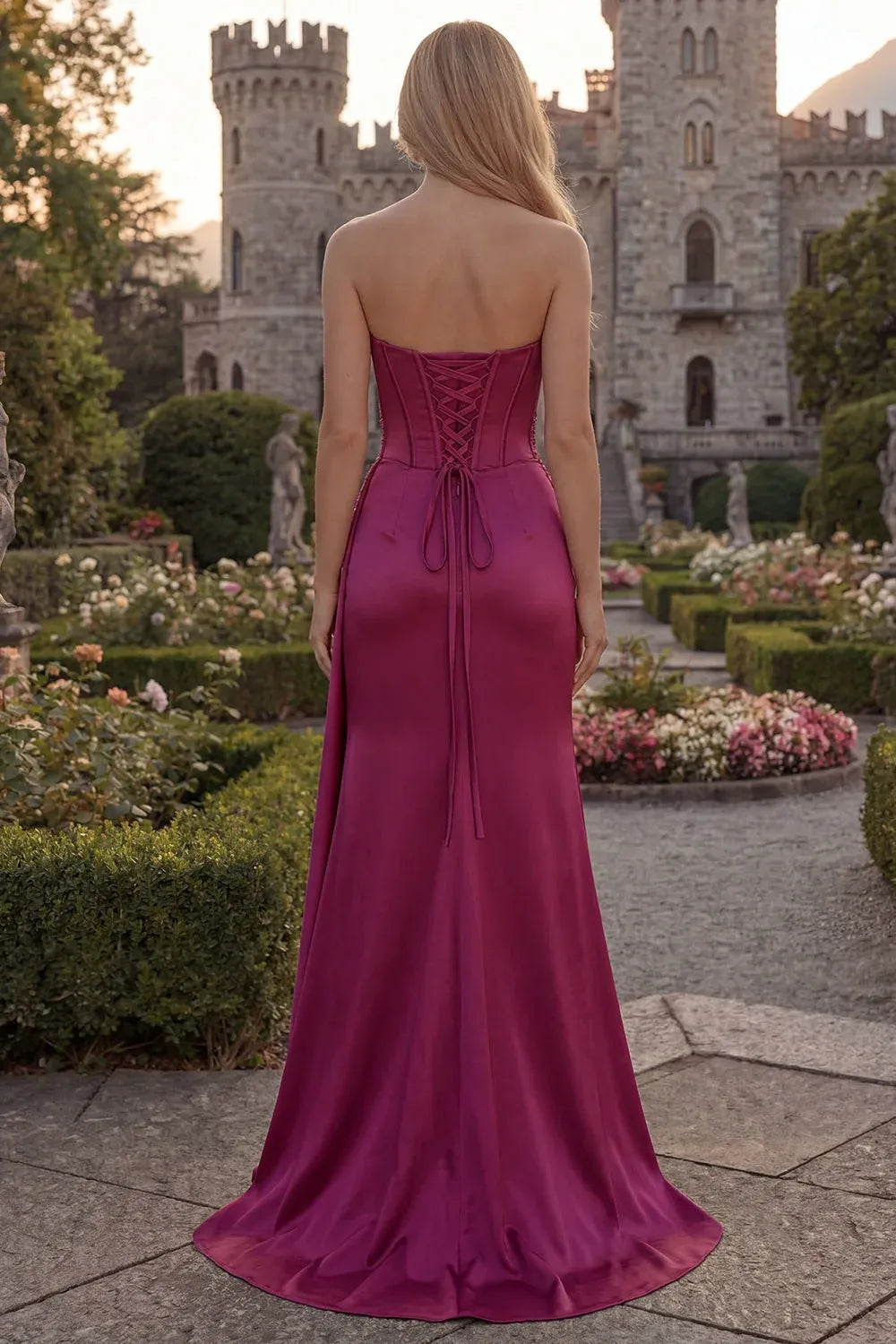 Elegant Mermaid Strapless Corset Applique Lace-Up Slit Fuchsia Maxi Prom Dress