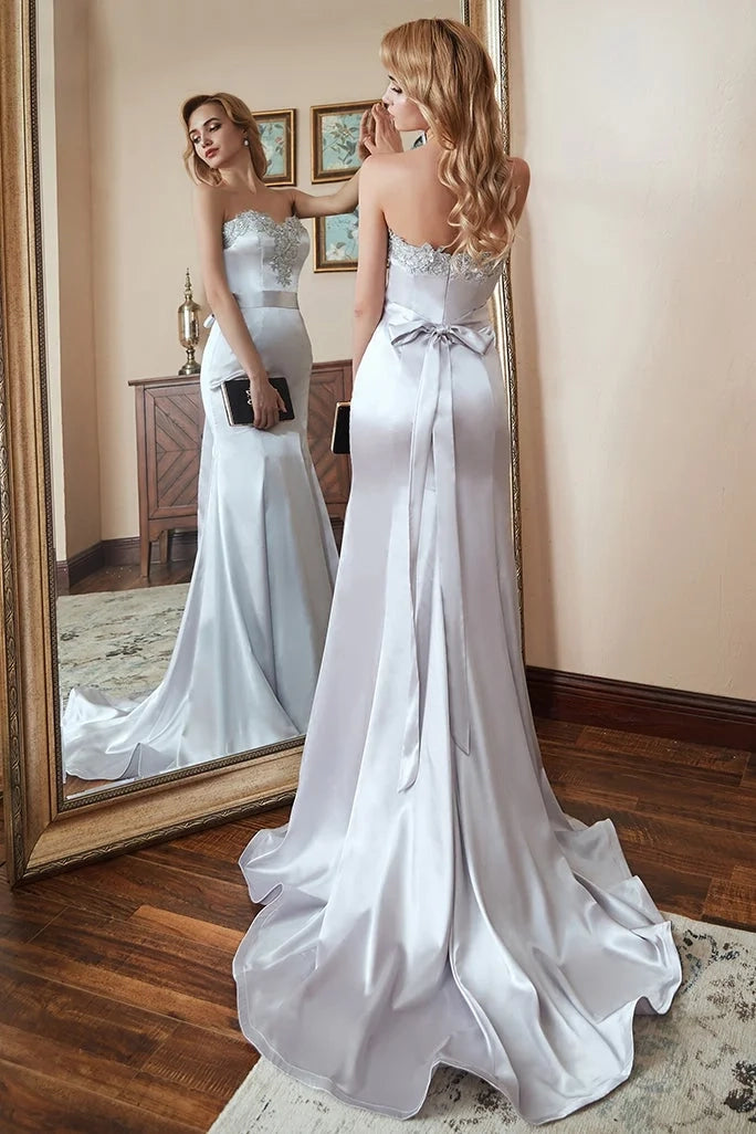 Elegant Mermaid Strapless Lace Silver Maxi Prom Dress