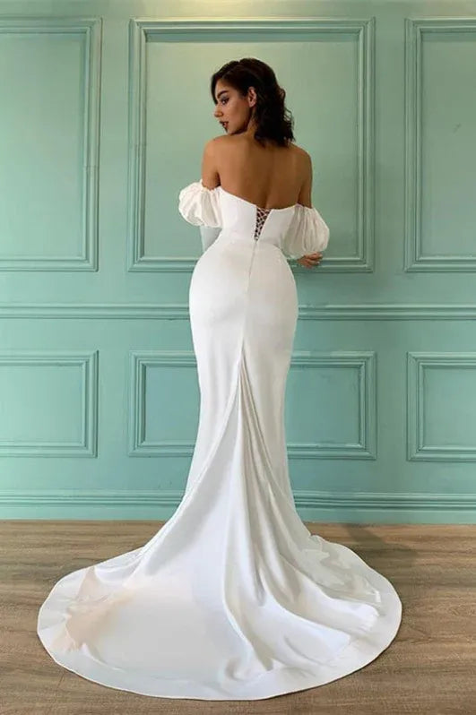 Elegant Mermaid Strapless Puffed White Train Prom Dress With Slit Custom