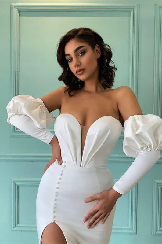 Elegant Mermaid Strapless Puffed White Train Prom Dress With Slit Custom