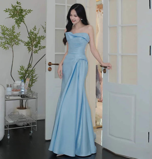 Elegant Mermaid Strapless Satin Sky Blue Floor-Length Evening Dress