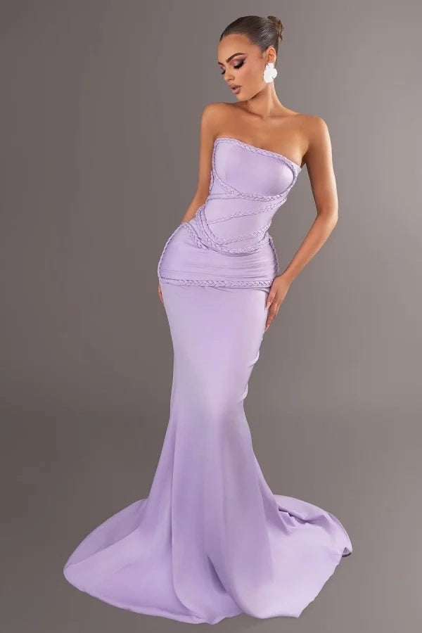 Elegant Mermaid Strapless Sleeveless Braided Lavender Maxi Prom Dress