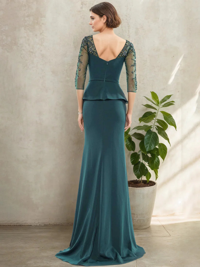 Elegant Mermaid Sweetheart 3/4-Sleeve Back Zip Floor-Length Mother Of The Bride Dresses with Appliques
