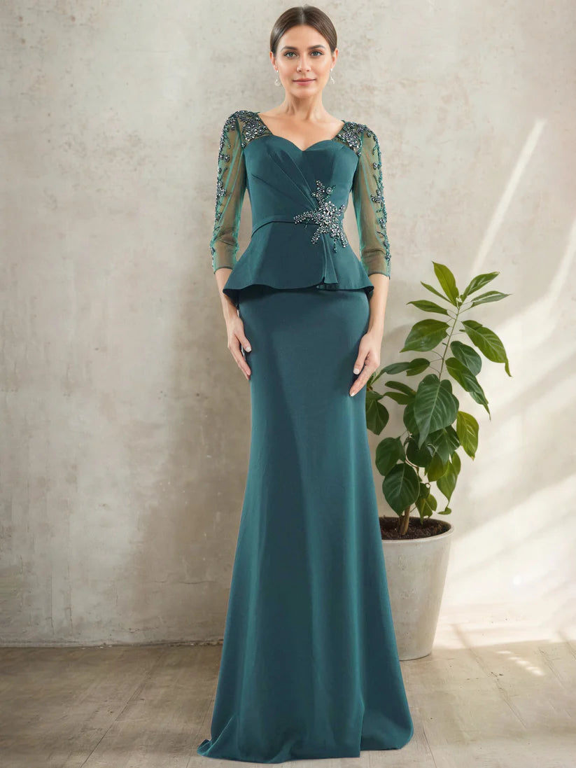 Elegant Mermaid Sweetheart 3/4-Sleeve Back Zip Floor-Length Mother Of The Bride Dresses with Appliques