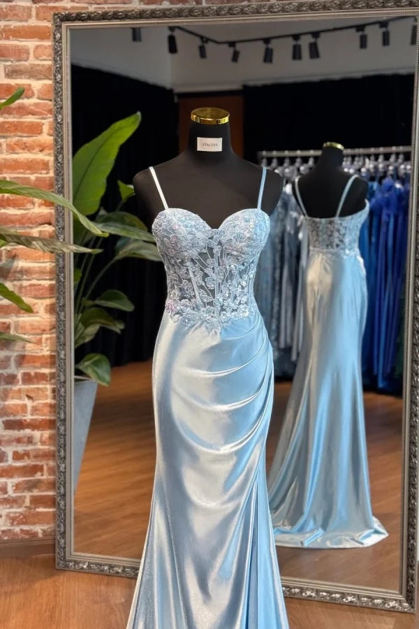 Elegant Mermaid Sweetheart Lace Light Blue Maxi Evening Dress