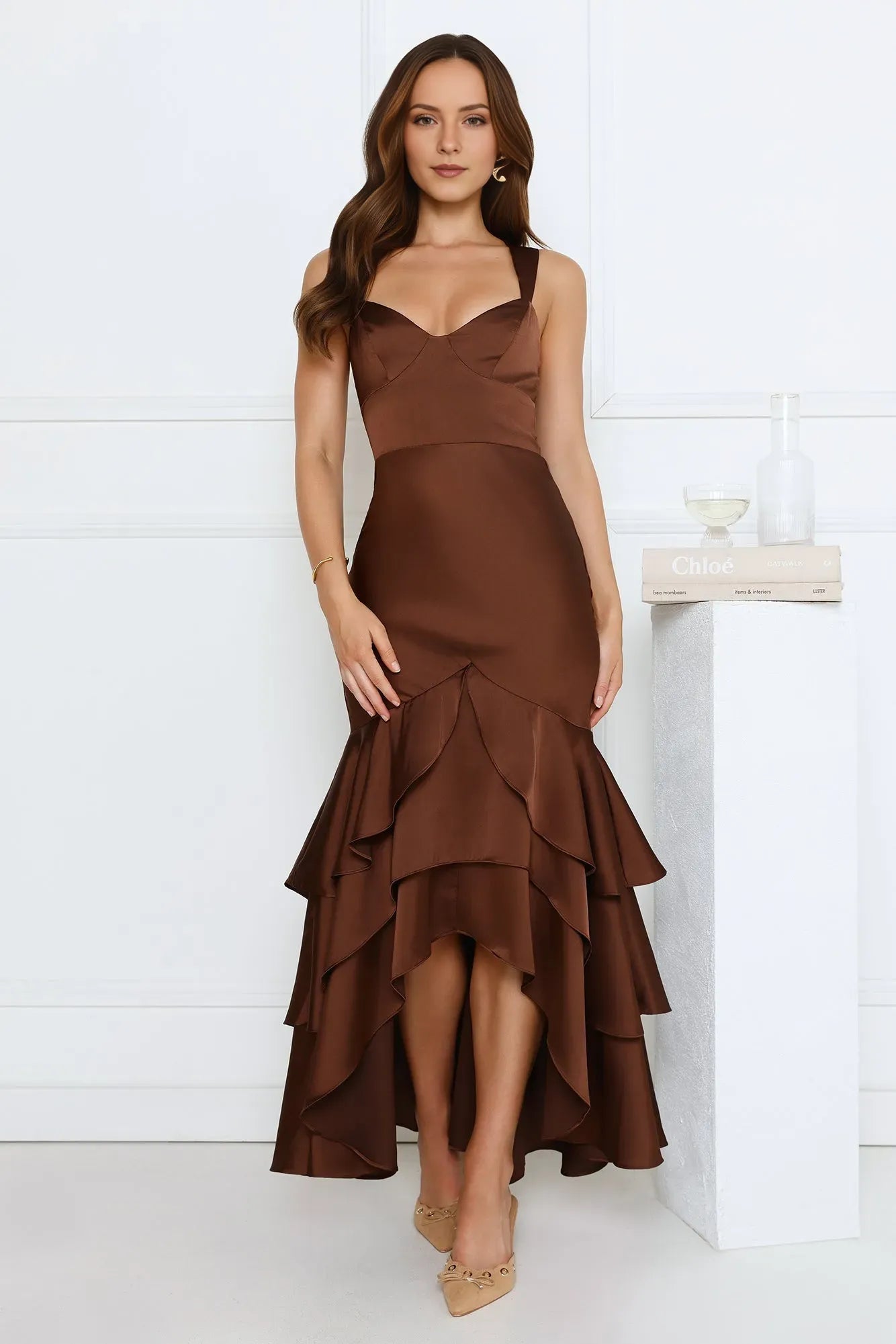 Elegant Mermaid Sweetheart Neck Sleeveless Back Zip High-Low Tiered Ruffle Satin Prom Dresses