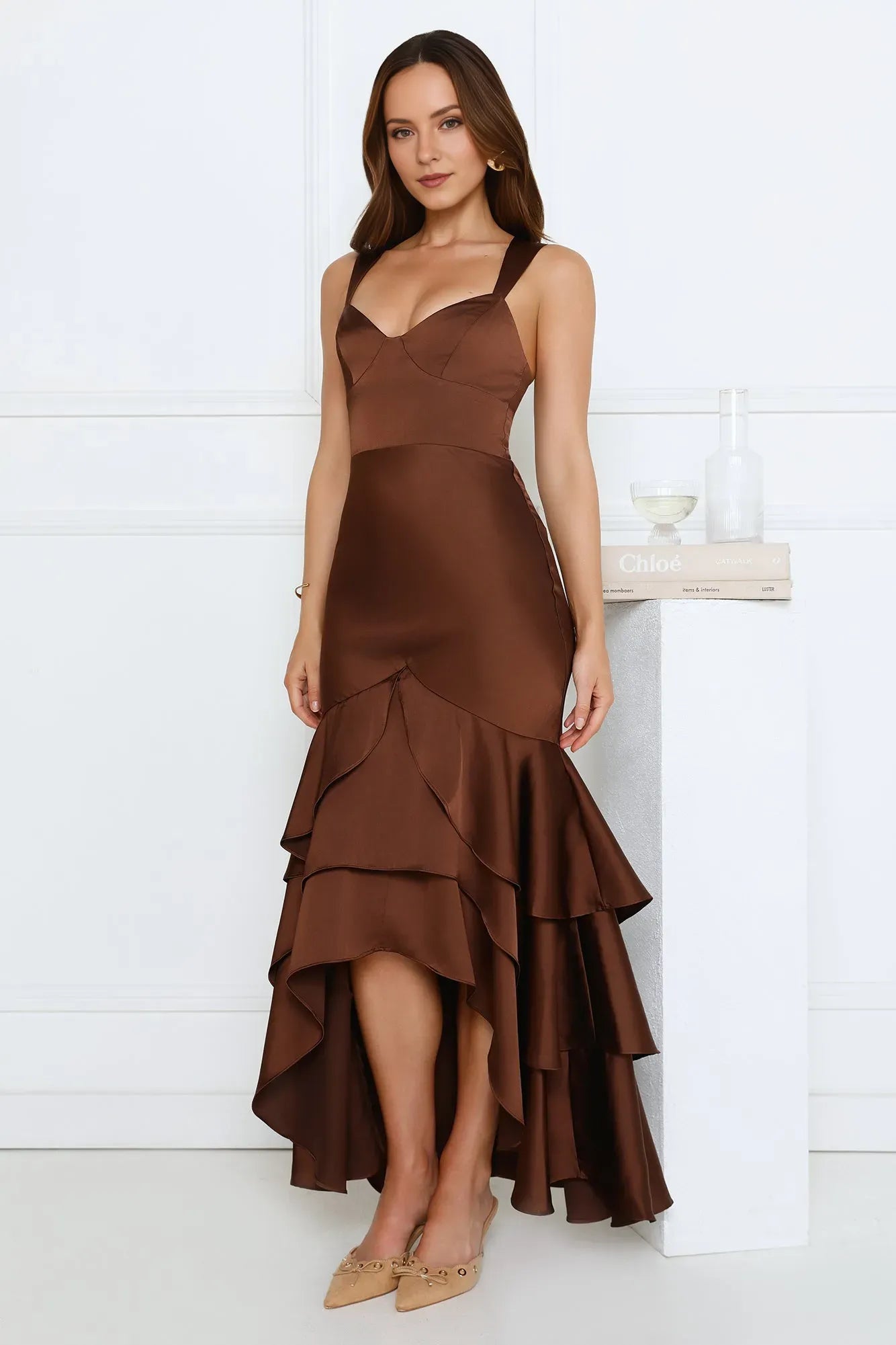 Elegant Mermaid Sweetheart Neck Sleeveless Back Zip High-Low Tiered Ruffle Satin Prom Dresses