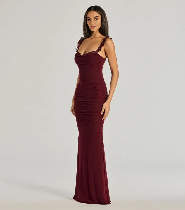 Elegant Mermaid Sweetheart Neck Sleeveless Ruched Lace-Up Floor-Length Prom Dresses with Lace Trim