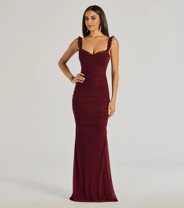 Elegant Mermaid Sweetheart Neck Sleeveless Ruched Lace-Up Floor-Length Prom Dresses with Lace Trim