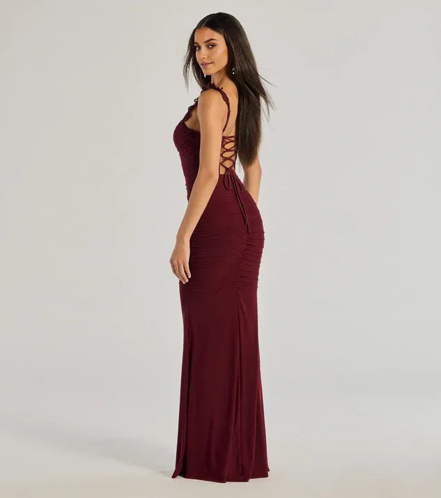 Elegant Mermaid Sweetheart Neck Sleeveless Ruched Lace-Up Floor-Length Prom Dresses with Lace Trim