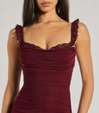 Elegant Mermaid Sweetheart Neck Sleeveless Ruched Lace-Up Floor-Length Prom Dresses with Lace Trim