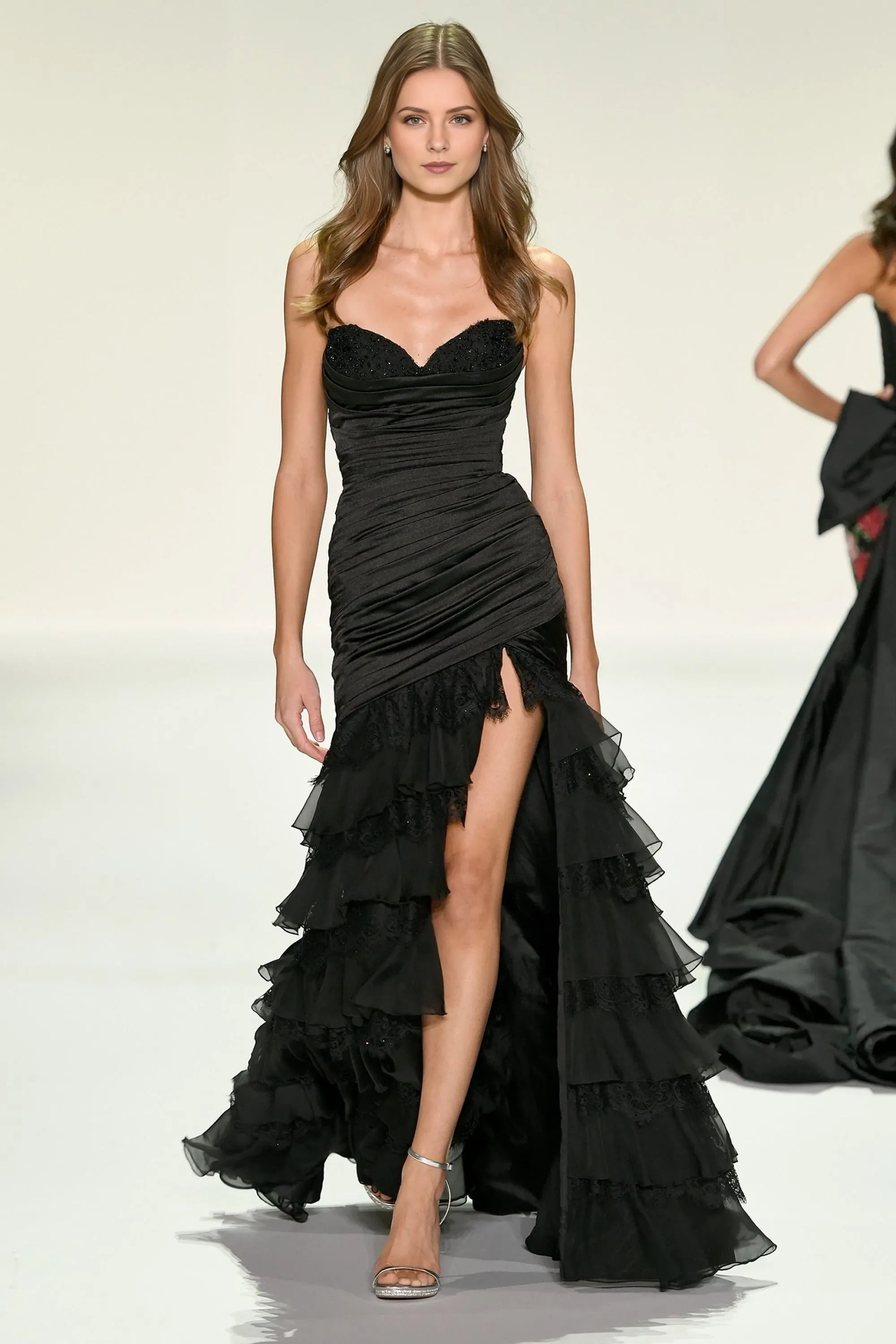 Elegant Black Mermaid Sweetheart Neck Strapless Back Zip Floor-Length Ruched Lace Ruffle High Slit Prom Dresses