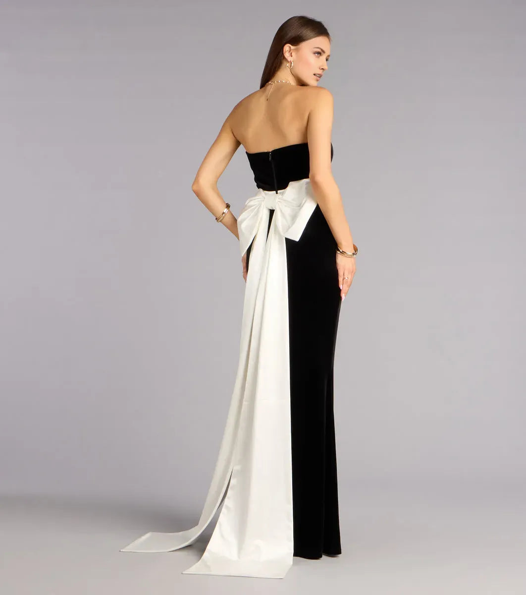 Elegant Mermaid Sweetheart Neckline Strapless Back Zip Floor-Length Black  White Two-Tone Prom Dresses with Bow Detail