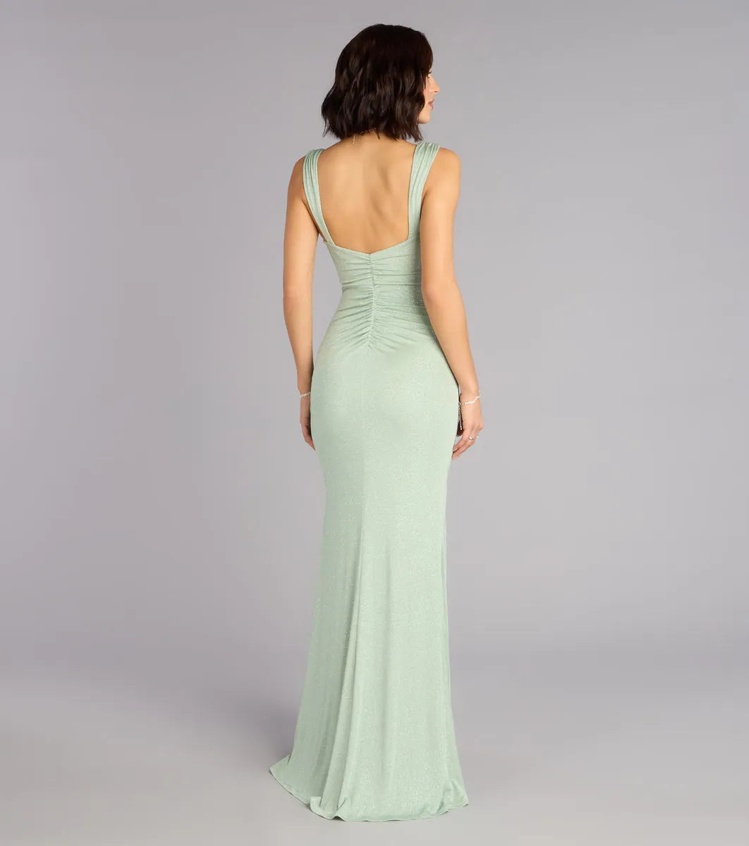 Elegant Mermaid Sweetheart Spaghetti Strap Open-Back Floor-Length Glitter Ruched Slit Prom Dress