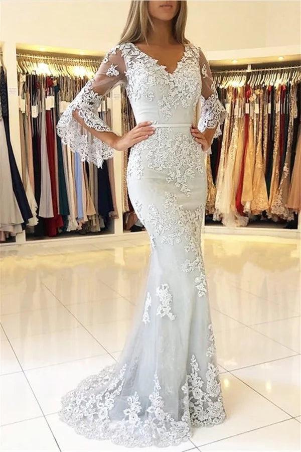 Elegant Mermaid V-Neck Bell Sleeve Lace Light Blue Maxi Evening Dress