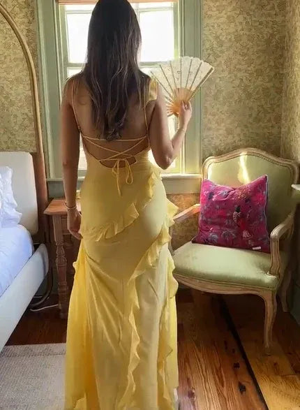 Elegant Mermaid V-Neck Ruffle Backless Yellow Long Prom Dress