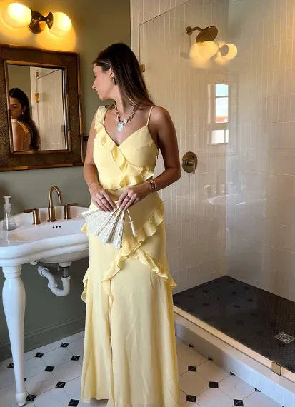 Elegant Mermaid V-Neck Ruffle Backless Yellow Long Prom Dress