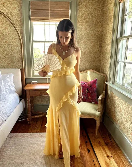 Elegant Mermaid V-Neck Ruffle Backless Yellow Long Prom Dress