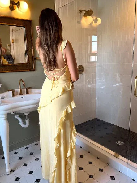 Elegant Mermaid V-Neck Ruffle Backless Yellow Long Prom Dress