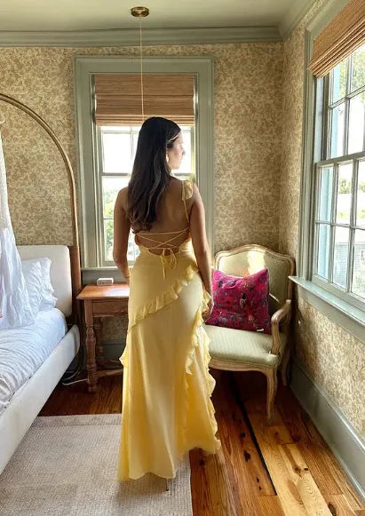 Elegant Mermaid V-Neck Ruffle Backless Yellow Long Prom Dress