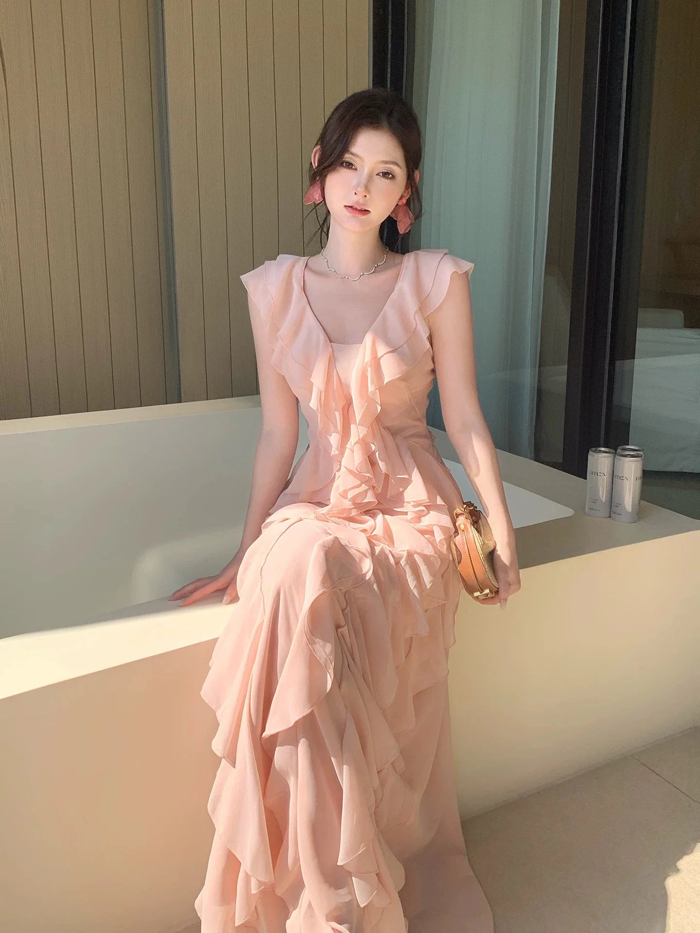 Elegant Mermaid V-Neck Ruffled Blush Chiffon Maxi Prom Dress