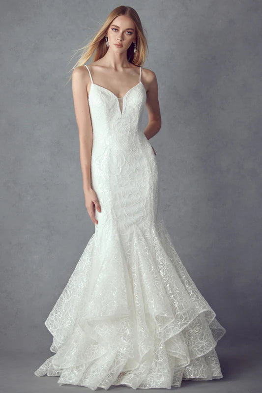Elegant Mermaid V-Neck Sleeveless Ruffled White Lace Long Prom Dresses