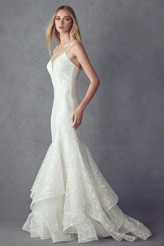 Elegant Mermaid V-Neck Sleeveless Ruffled White Lace Long Prom Dresses