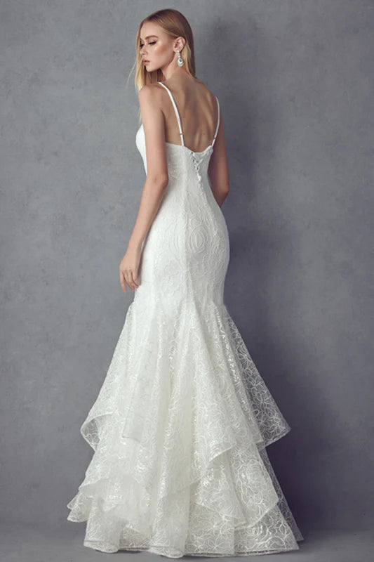 Elegant Mermaid V-Neck Sleeveless Ruffled White Lace Long Prom Dresses